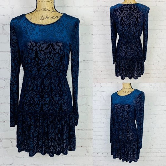 Boho Pattern Navy Blue Burnout Velvet Tiered Dress - Picture 1 of 1